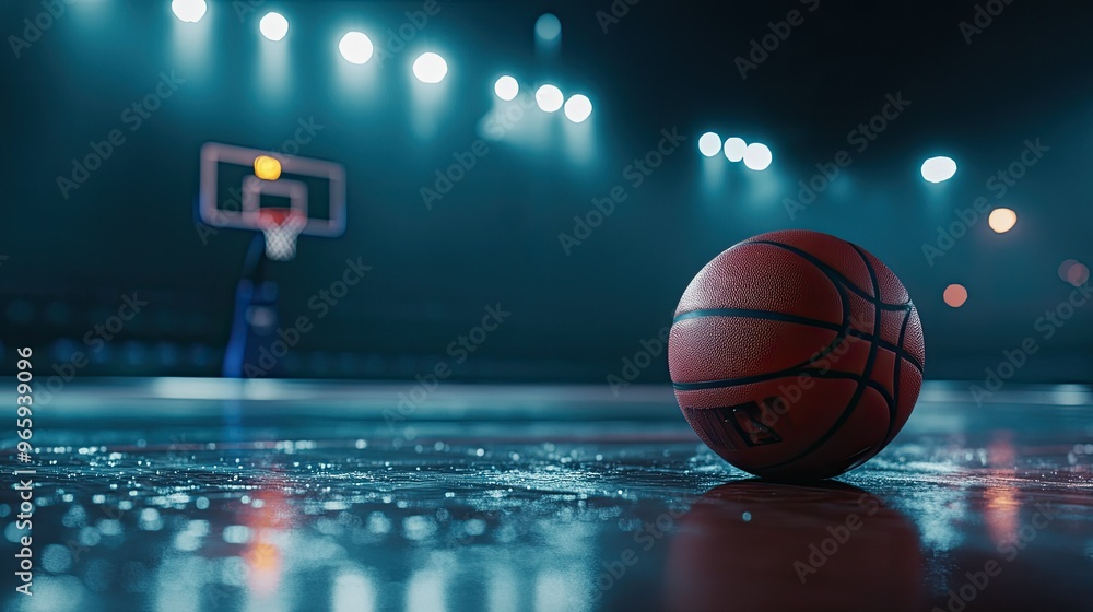 A close-up of a basketball resting on a court, with the hoop in the background under bright stadium lights.
