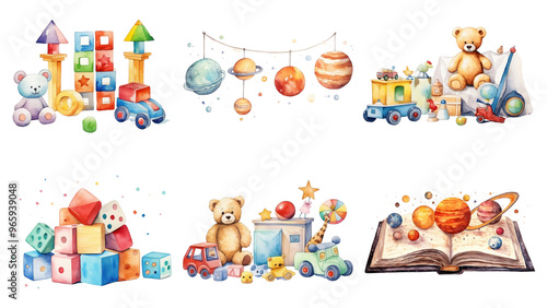 PNG cute watercolor toy element set, transparent background