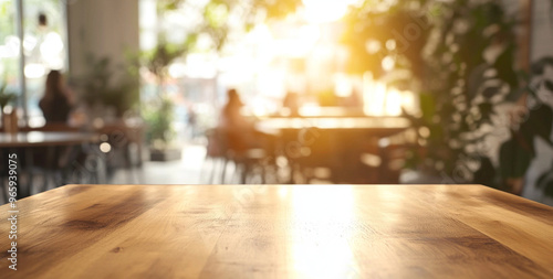 A modern cafe scene with bright natural light and sleek wooden table