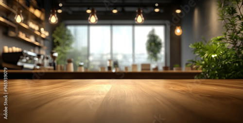 A sleek coffee shop interior with bright lighting and focus on wooden textures