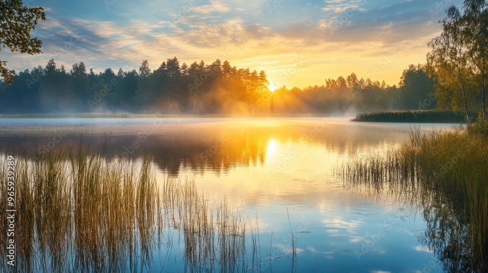Fototapeta premium Beautiful Lake Morning Sunrise Nature Landscape
