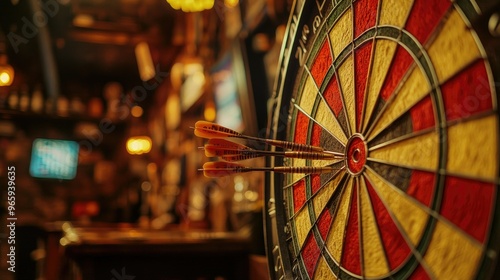 A close-up of a dartboard with darts neatly stuck in the bullseye in a lively pub setting. photo