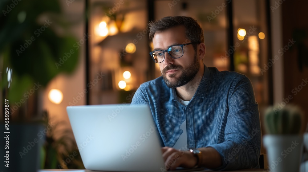 Man working late at night on a laptop in a cozy, well-lit home office filled with plants and ambient lighting Man working late at night on a laptop in a cozy, well-lit home office filled with plants and ambient lighting