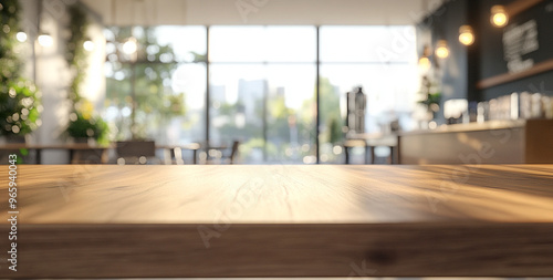 A modern cafe interior with bright natural light and sleek wooden table