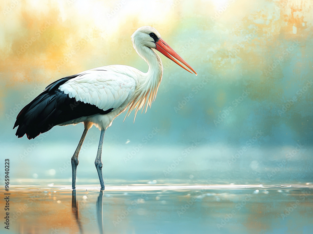Stork - bird, water, reflection, nature, wildlife, wading, white, black, long beak, orange beak, long legs, calm, serene, peaceful, lake, pond Stork - bird, water, reflection, nature, wildlife, wading, white, black, long beak, orange beak, long legs, calm, serene, peaceful, lake, pond