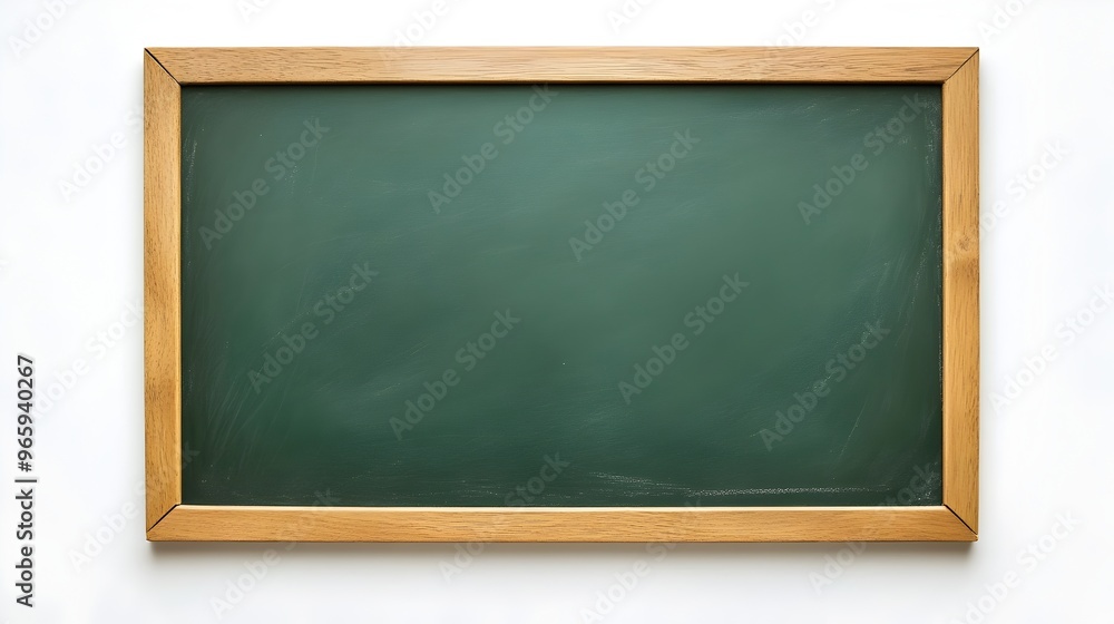 Blank green chalkboard in an empty classroom with wooden frame and white background Blank green chalkboard in an empty classroom with wooden frame and white background