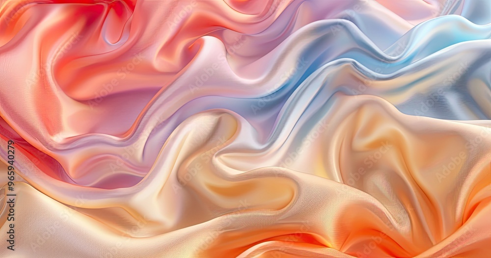 Obraz premium A vibrant, flowing fabric texture showcasing soft waves of color in shades of orange, pink, and blue.