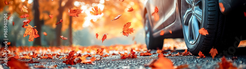 Closeup view of the car tires on asphalt road with many colourful autumn maple leaves falling from the trees in beautiful park in autumn.