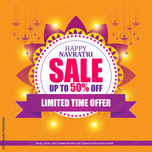 Headline Happy Navratri Main Offer SALE in large pink letters Subheadline UP TO 50percentage OFF Tagline LIMITED TIME OFFER  A yellow background with a circular frame Diyas are hanging around circle