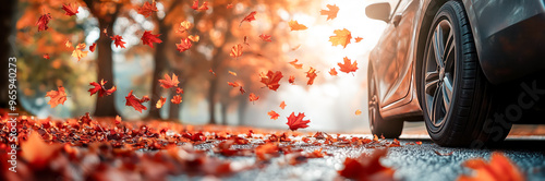 Closeup view of the car tires on asphalt road with many colourful autumn maple leaves falling from the trees in beautiful park in autumn.