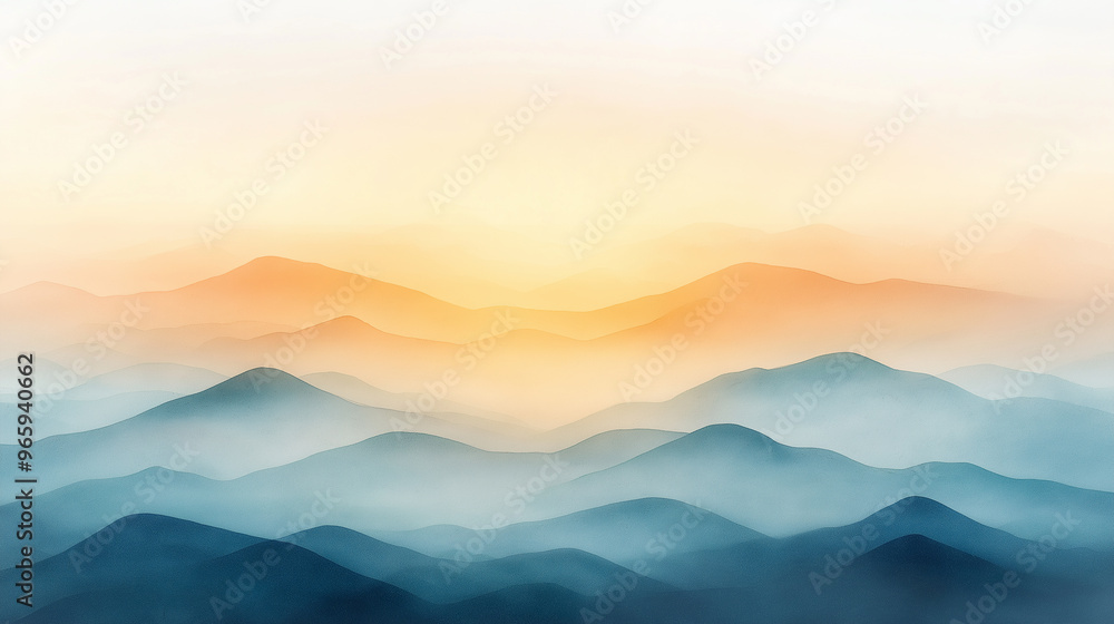 Fototapeta premium The mountains are covered in a blue mist and the sun is setting behind them