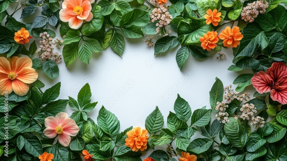 A floral border featuring vibrant flowers and green leaves. A floral border featuring vibrant flowers and green leaves.
