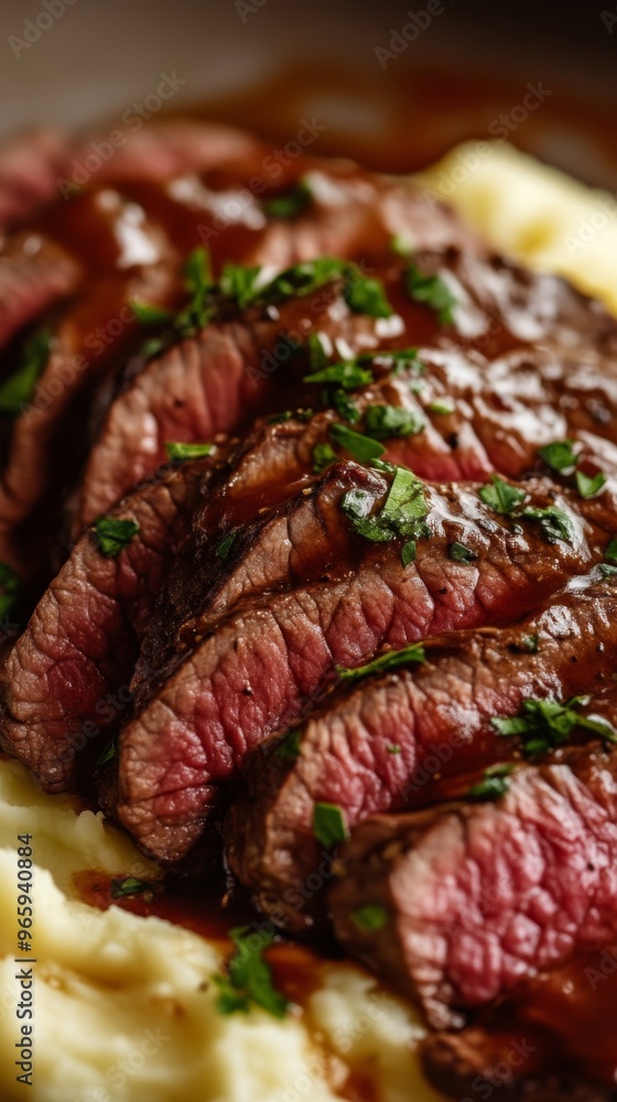 Sliced grilled steak with mashed potatoes and parsley garnish, close-up food photography. Culinary art and gourmet dining concept Sliced grilled steak with mashed potatoes and parsley garnish, close-up food photography. Culinary art and gourmet dining concept