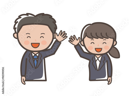 笑顔で手を振るリクルートスーツ風の若い男女ビジネスマンの上半身イラスト