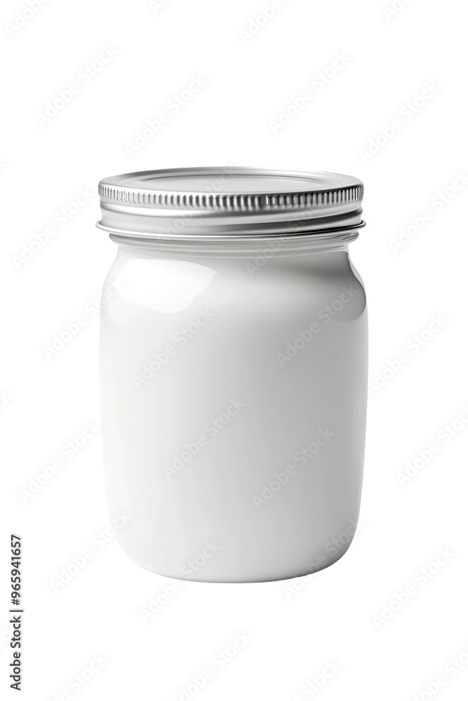 White glass jar with a silver lid, perfect for storing your homemade goodies. White glass jar with a silver lid, perfect for storing your homemade goodies.