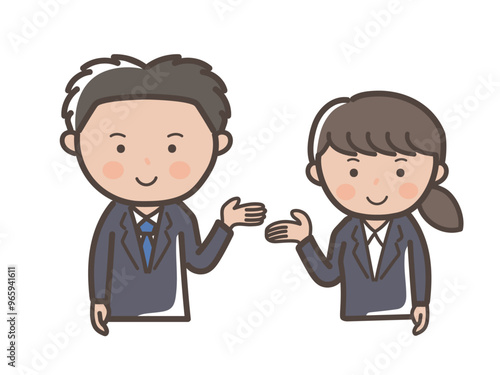 説明をするリクルートスーツ風の若い男女ビジネスマンの上半身イラスト