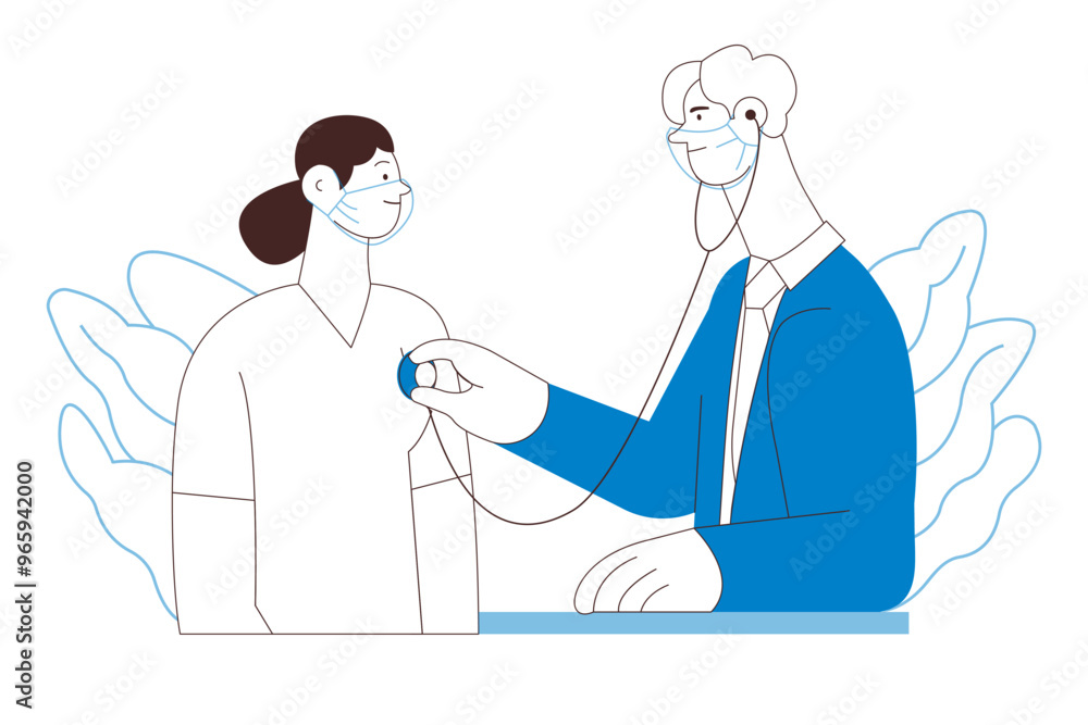 Cardiac Auscultation. Female Patient and Male Doctor Carrying Out Procedure in Medical Office or Laboratory. Stethoscope Examination Procedure. Black and White Vector Illustration. Website Banner Cardiac Auscultation. Female Patient and Male Doctor Carrying Out Procedure in Medical Office or Laboratory. Stethoscope Examination Procedure. Black and White Vector Illustration. Website Banner
