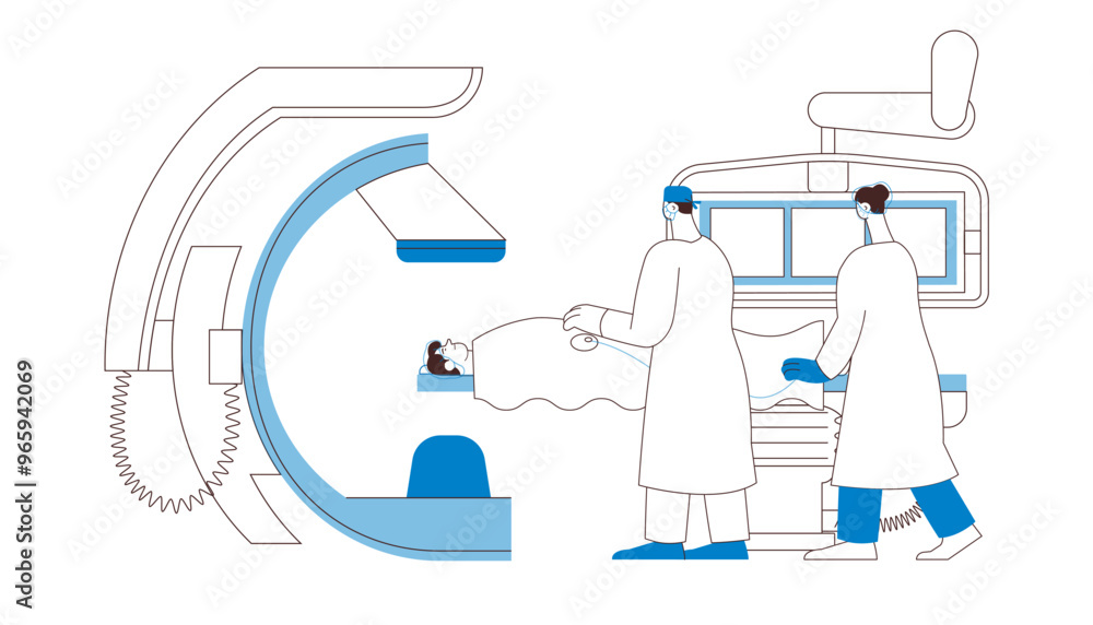 Coronary Angiography Procedure. Medical Equipment. Doctor and Nurse Perform Cardiac Catheterization on Patient in Laboratory. Black and White Modern Flat Vector Illustration. Coronary Angiography Procedure. Medical Equipment. Doctor and Nurse Perform Cardiac Catheterization on Patient in Laboratory. Black and White Modern Flat Vector Illustration.