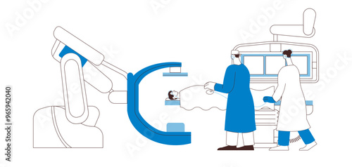 Coronary Angiography Procedure. Medical Equipment. Doctor and Nurse Perform Cardiac Catheterization on Patient in Laboratory. Black and White Modern Flat Vector Illustration. 