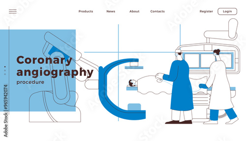 Coronary Angiography Procedure. Medical Equipment. Doctor and Nurse Perform Cardiac Catheterization on Patient in Laboratory. Black and White Modern Flat Vector Illustration. 