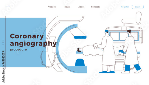 Coronary Angiography Procedure. Medical Equipment. Doctor and Nurse Perform Cardiac Catheterization on Patient in Laboratory. Black and White Modern Flat Vector Illustration. 