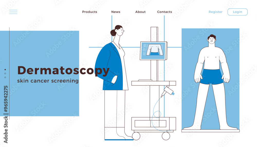 Fototapeta premium Dermatoscopy. Skin Cancer Screening. Medical Equipment. Medical Specialist Screening Patient on Birthmarks in Laboratory. Black and White Modern Flat Vector Illustration. Landing Page Design Template.