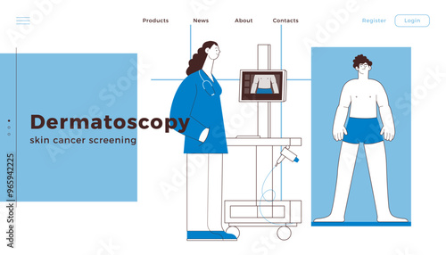 Dermatoscopy. Skin Cancer Screening. Medical Equipment. Medical Specialist Screening Patient on Birthmarks in Laboratory. Black and White Modern Flat Vector Illustration. Landing Page Design Template.