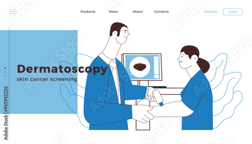 Dermatoscopy. Skin Cancer Screening. Medical Equipment. Medical Specialist Screening Patient on Birthmarks in Laboratory. Black and White Modern Flat Vector Illustration. Landing Page Design Template.
