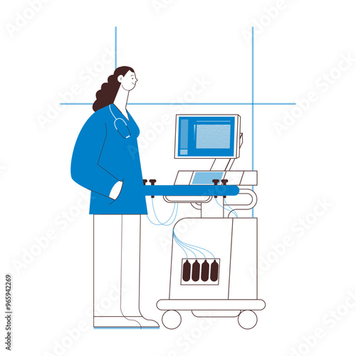Ultrasonography Scanner. Standing Female Medical Specialist near Scanner in Medical Office or Laboratory. Medical Equipment. Black and White Modern Flat Vector Concept Illustration.