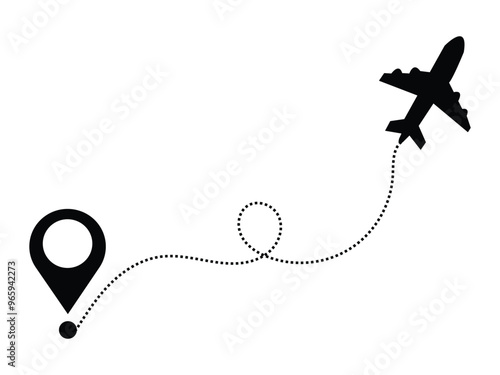 Airplane line path icon. City street road with pins on map and alternative ways. Path turns and destination tag or mark. Isometric street roads and location. Vector illustration.
