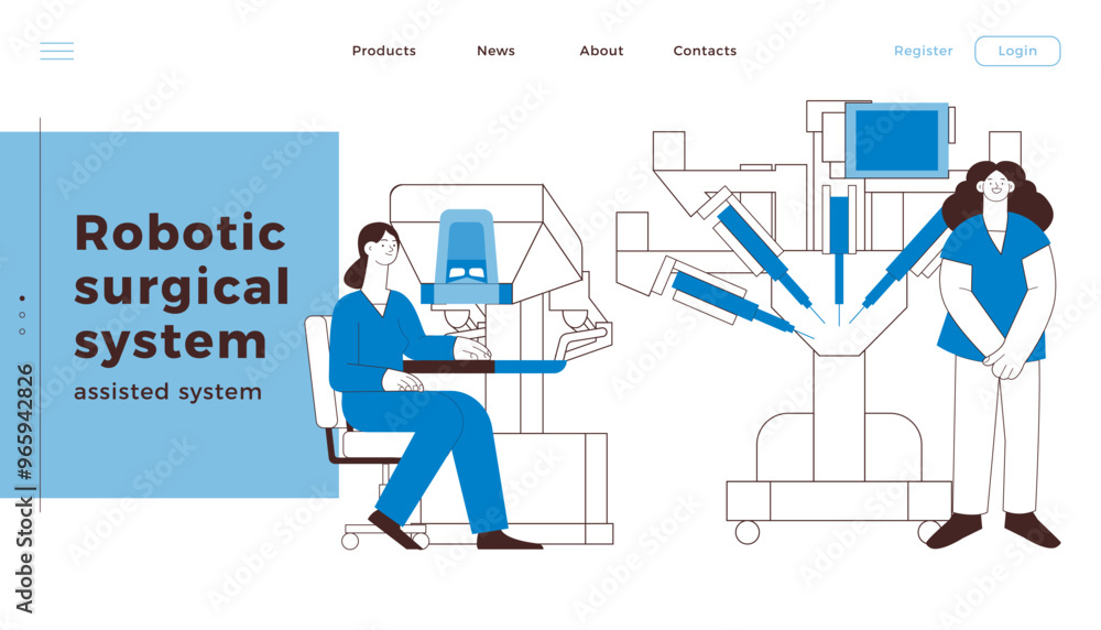 Robotic Surgical Assisted System. Medical Equipment. Female Medical Specialist and Nurse. Black and White Modern Flat Vector Illustration. Landing Page Design Template. Website Banner. Robotic Surgical Assisted System. Medical Equipment. Female Medical Specialist and Nurse. Black and White Modern Flat Vector Illustration. Landing Page Design Template. Website Banner.