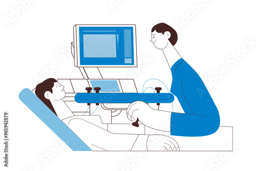 Ultrasonography Procedure. Female Medical Specialist Examining Female Patient with Scanner in Medical Office or Laboratory. Black and White Modern Flat Vector Concept Illustration. Landing Page Design