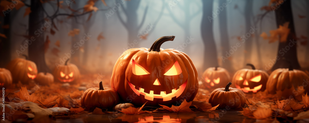 View of Jack pumpkin with burning candles and autumn leaves around. Halloween concept. View of Jack pumpkin with burning candles and autumn leaves around. Halloween concept.