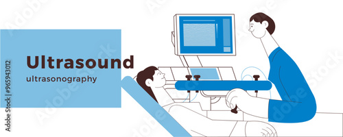 Ultrasonography Procedure. Female Medical Specialist Examining Female Patient with Scanner in Medical Office or Laboratory. Black and White Modern Flat Vector Concept Illustration. Landing Page Design