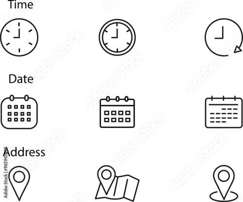 Clock time and address icon set. Stopwatch icon. Date icon - Web icon. Time date icons set. Black line and flat web icons with transparent background.