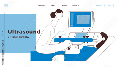 Ultrasonography Procedure. Female Medical Specialist Examining Pregnant Female Patient with Scanner in Medical Office or Laboratory. Black and White Modern Flat Vector Concept Illustration. 