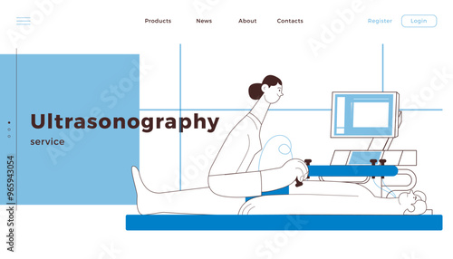 Ultrasonography Procedure. Female Medical Specialist Examining Male Patient with Scanner in Medical Office or Laboratory. Black and White Modern Flat Vector Concept Illustration. Website Banner. 