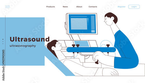 Ultrasonography Procedure. Female Medical Specialist Examining Female Patient with Scanner in Medical Office or Laboratory. Black and White Modern Flat Vector Concept Illustration. Landing Page Design