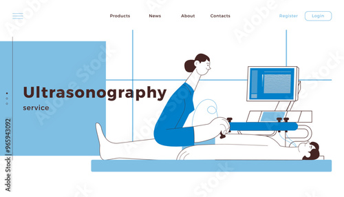 Ultrasonography Procedure. Female Medical Specialist Examining Male Patient with Scanner in Medical Office or Laboratory. Black and White Modern Flat Vector Concept Illustration. Website Banner. 