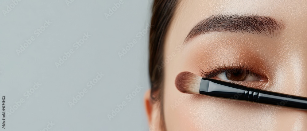 Model applying subtle brown eyeshadow with a precision brush, minimalistic background highlighting the makeup process, perfect for cosmetics branding Model applying subtle brown eyeshadow with a precision brush, minimalistic background highlighting the makeup process, perfect for cosmetics branding