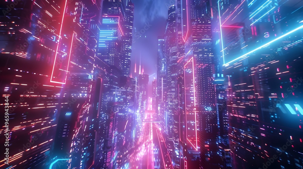 Vibrant Cityscape with Neon Futuristic Frames and Digital Elements Vibrant Cityscape with Neon Futuristic Frames and Digital Elements