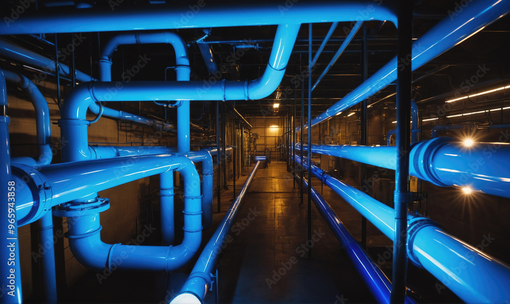 Fototapeta premium Blue pipes run along a concrete corridor in a large industrial building