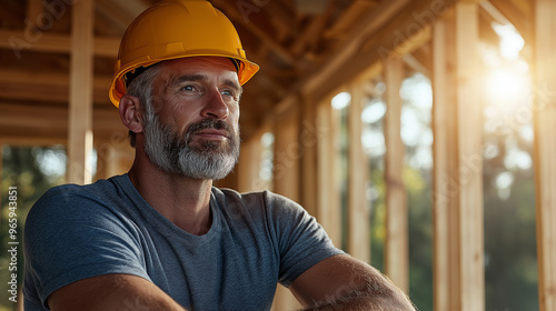 A modern wooden house under construction, sunlight filtering through the open framework, with a skilled craftsman meticulously inspecting the structure, paying attention to every d photo