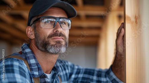 A skilled craftsman performing a thorough inspection of a wooden house under construction, carefully examining the beams and framework of the modern home, the scene set under a cle