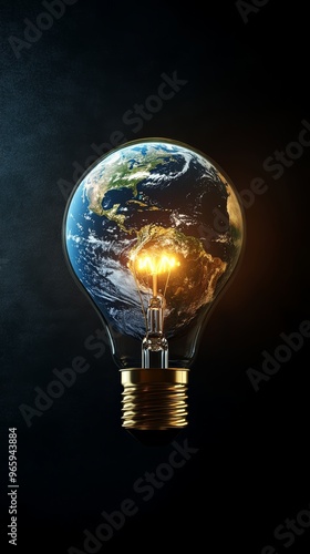 Planet earth glowing inside a light bulb on dark background