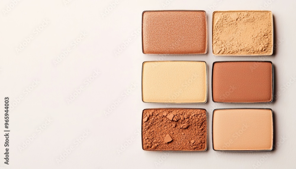 Open eyeshadow palette with subtle neutral shades, matte textures reflecting soft light, ideal for professional makeup and beauty product advertising Open eyeshadow palette with subtle neutral shades, matte textures reflecting soft light, ideal for professional makeup and beauty product advertising