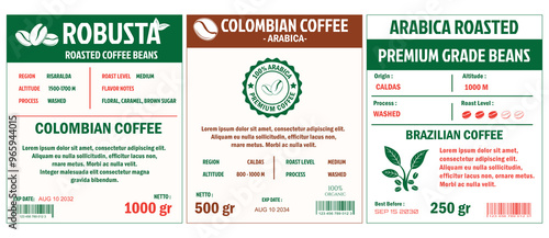 An illustration of Colombian Coffee Labels template simple flat style in cmyk mode with two tone color. The labels detail various coffee attributes such as origin, altitude, roast level, process, and 