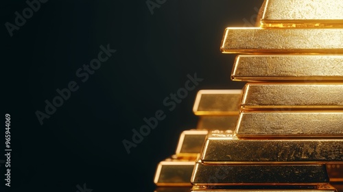 Pile of sleek golden bars, rich textures and intricate details, with soft reflections, glowing ambiance, representing prosperity and investment photo