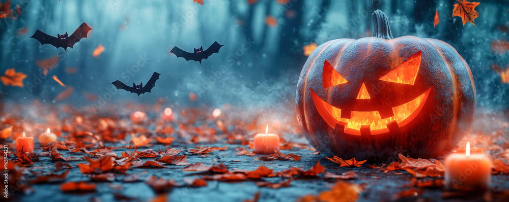 View of Jack pumpkin with burning candles and autumn leaves around. Halloween concept. View of Jack pumpkin with burning candles and autumn leaves around. Halloween concept.