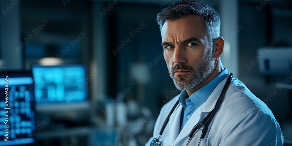 A focused doctor in a hospital setting gazes intently. The image captures a professional atmosphere with modern technology. Ideal for healthcare and medical themes. AI A focused doctor in a hospital setting gazes intently. The image captures a professional atmosphere with modern technology. Ideal for healthcare and medical themes. AI